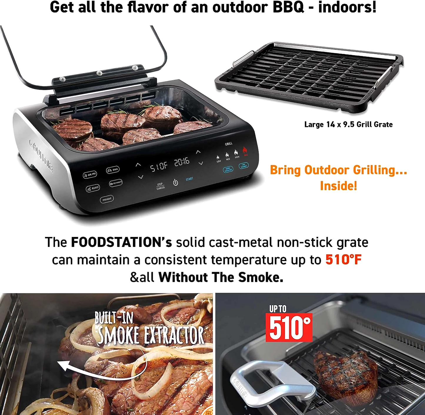 Gourmia FoodStation 5-in-1 Smokeless Grill & Air Fryer - 6QT