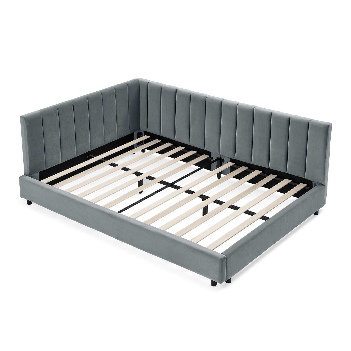 Mid-Century Upholstered Tufted Bed Frame With Backrest And Armrests