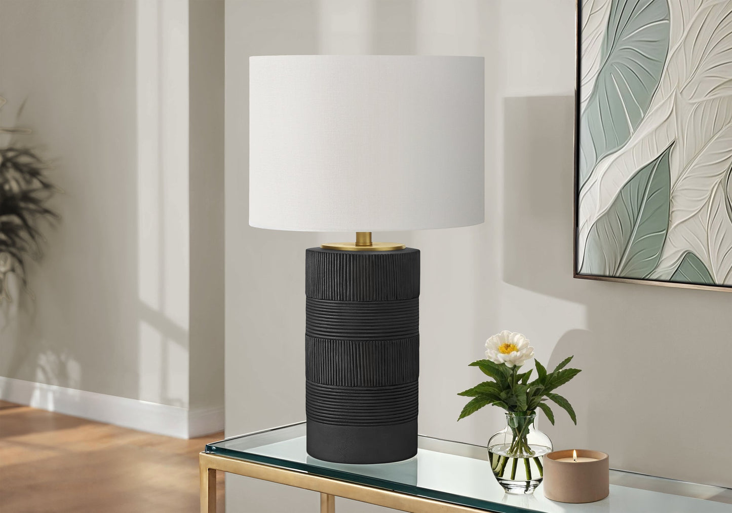 Contemporary Black Resin Table Lamp with Ivory Shade, 24 inches High