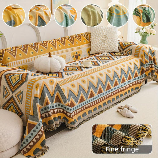 Boho Chic Double-sided Chenille Sofa Cover with Tassels - All-Season