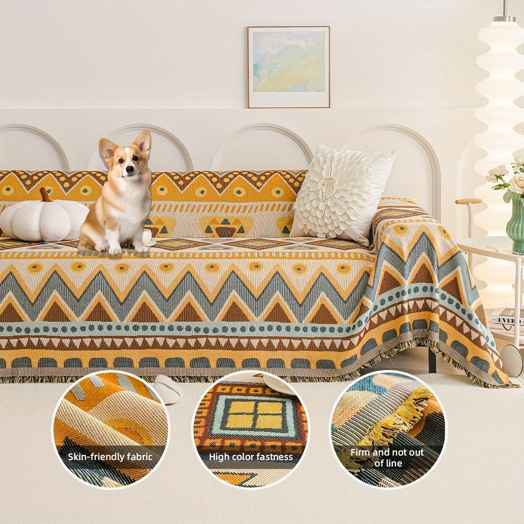 Boho Chic Double-sided Chenille Sofa Cover with Tassels - All-Season