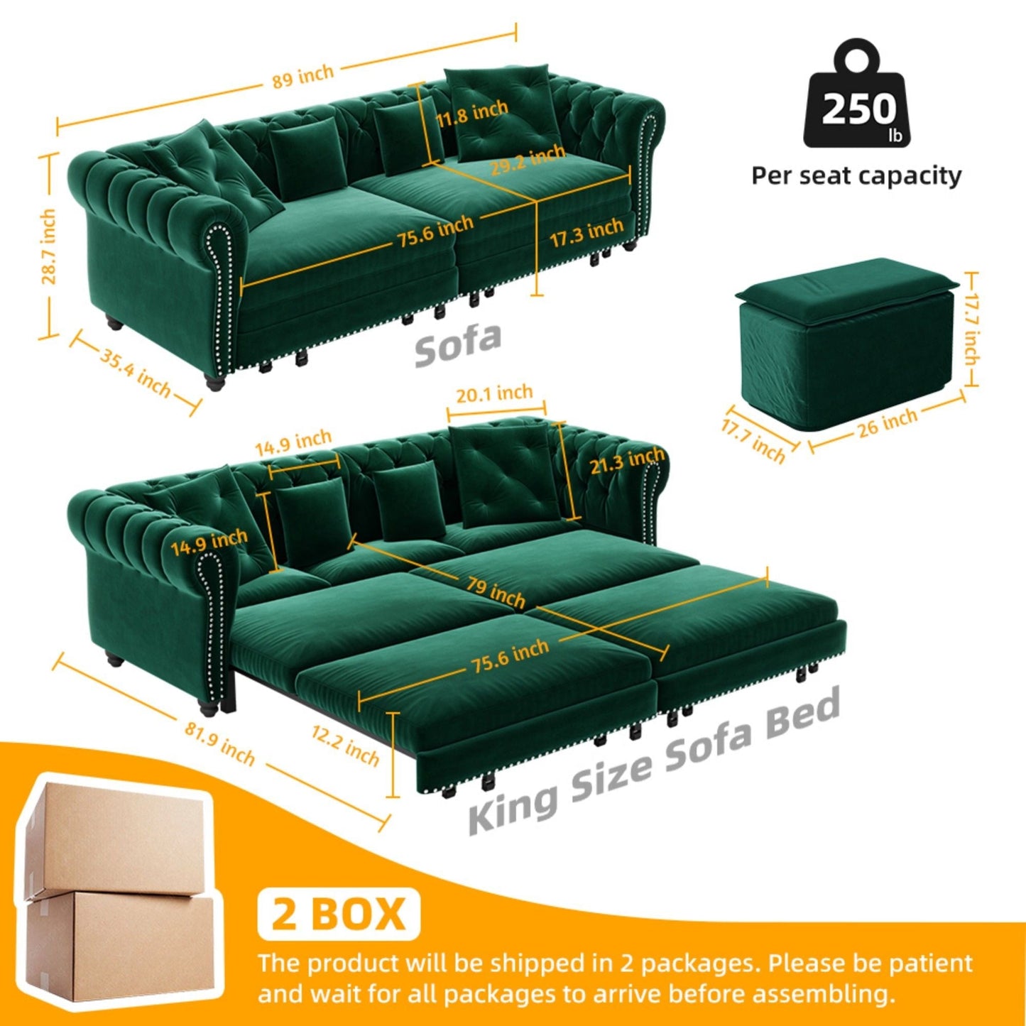 3 In 1 Convertible Sleeper Sofa Bed With Movable Ottoman