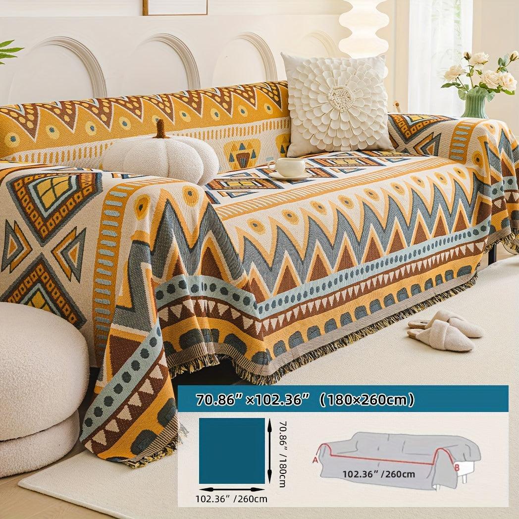 Boho Chic Double-sided Chenille Sofa Cover with Tassels - All-Season