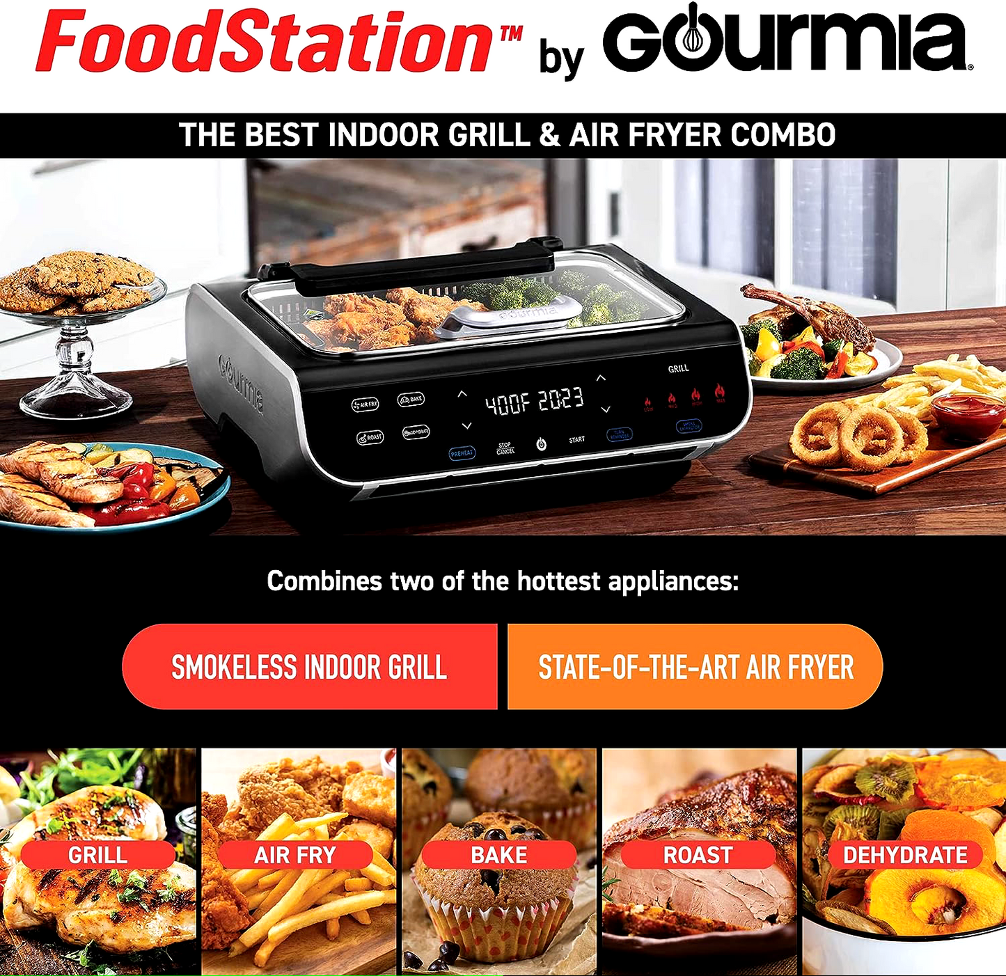 Gourmia FoodStation 5-in-1 Smokeless Grill & Air Fryer - 6QT
