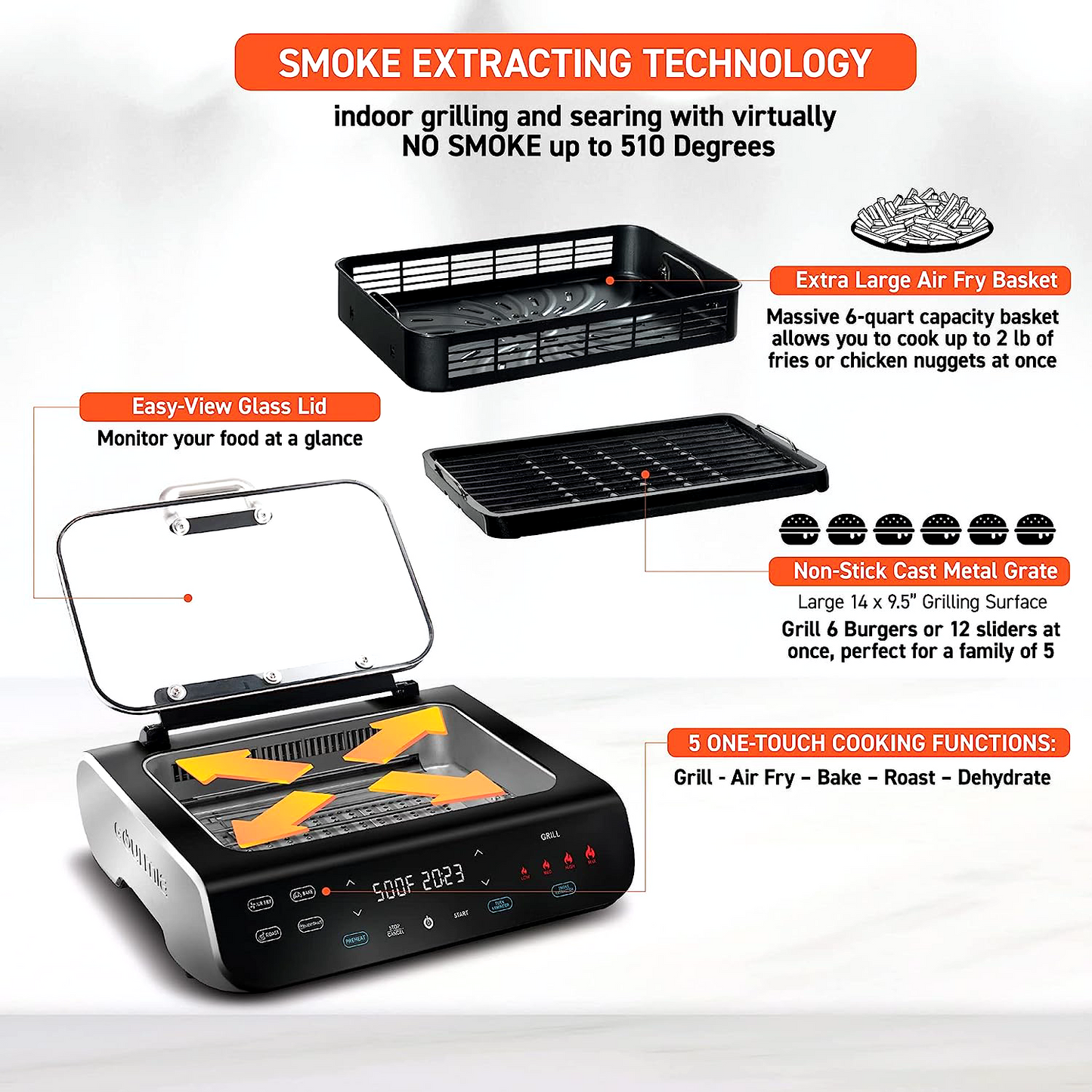 Gourmia FoodStation 5-in-1 Smokeless Grill & Air Fryer - 6QT